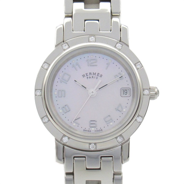 HERMES Clipper Nacre 12P diamond bezel wrist Watch CL4.230 Quartz SS Used Women