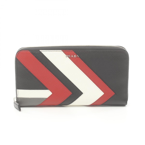 PRADA Round long wallet Purse Saffiano leather Black Multicolor Used mens