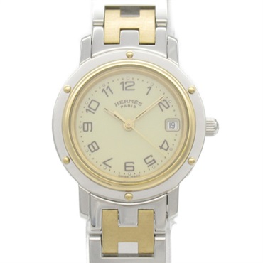 HERMES Clipper Combi Wrist Watch CL4.220 Quartz Gold Plated SS Used Women