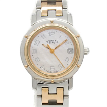 HERMES Clipper Nacre Wrist Watch CL4.221 Quartz Gold Plated SS Used Women