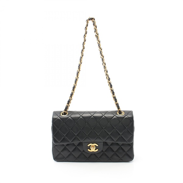 CHANEL CC Matelasse W flap Shoulder Bag A01113 lamb Leather Black Used Women