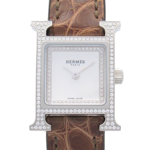 HERMES H Watch Mini Diamond Wrist Watch HH1.132 Quartz SS leather Used Women