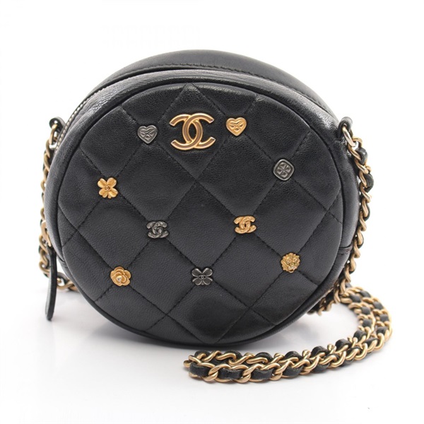 CHANEL Matelasse Lucky Charm Round Chain crossbody Shoulder Bag A81620 Black GHW