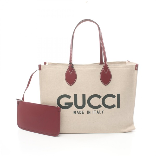 GUCCI Printed Tote Bag 772177FACUL8574 canvas leather Beige Bordeaux Green NEW