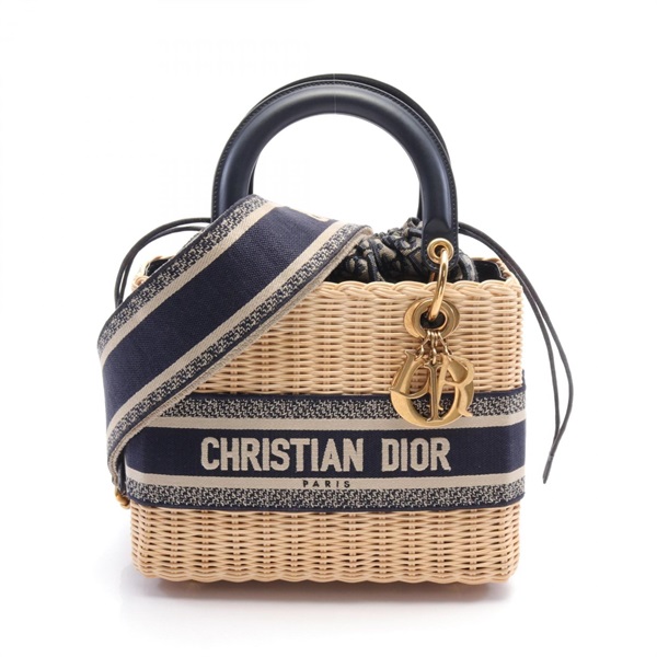 Christian Dior Lady Shoulder Hand bag canvas leather straw Beige Navy Used Women