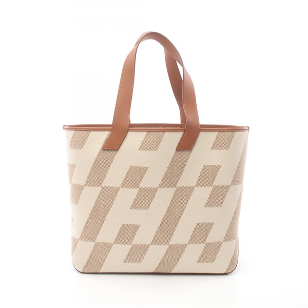 HERMES H en Biais GM Tote Bag Toile H Swift leather White Brown Used Women Z