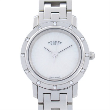 HERMES Clipper Nacre 12P diamond bezel Wrist Watch CL4.230 Quartz SS Used Women