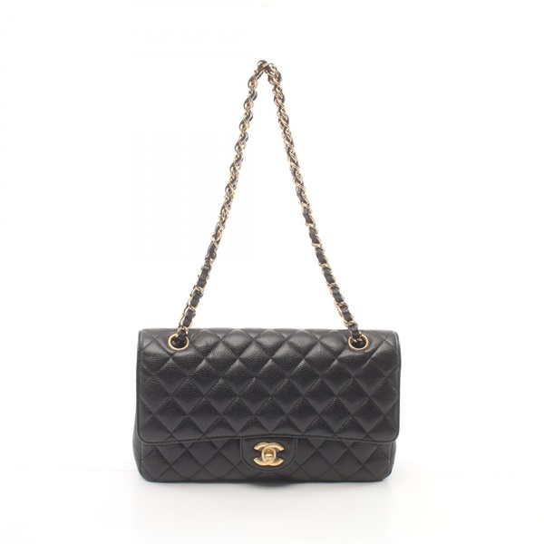 CHANEL Matelasse W flap chain Shoulder Bag 1112 Caviar Skin Black Used GHW