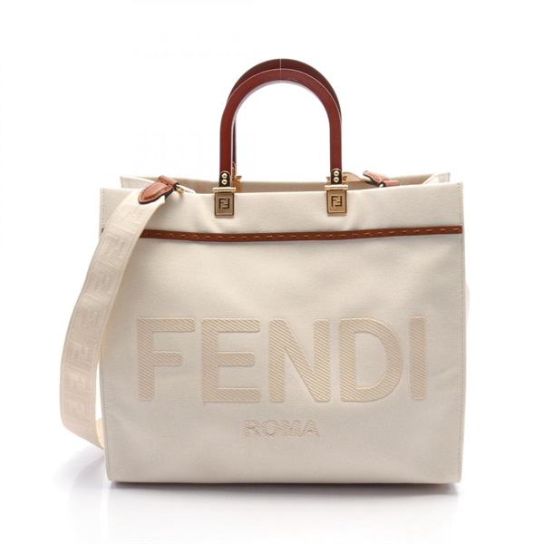 FENDI SUNSHINE MEDIUM 2way Tote Bag 8BH386 canvas leather Beige Brown Used Women