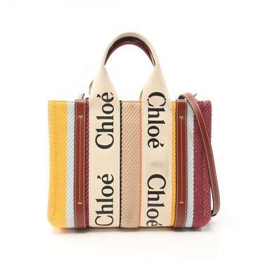 Chloe WOODY Small 2way shoulder Tote Bag canvas leather Brown Multicolor Used