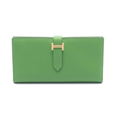 HERMES Bearn Soufflet Bifold long wallet purse B Epsom Green Vert Yucca Used GHW