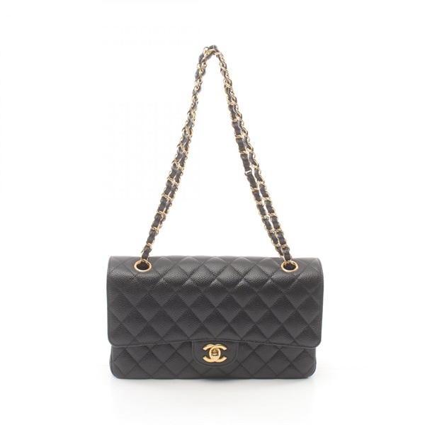 CHANEL Matelasse W flap Shoulder chain Bag A01112 Caviar Skin Black Used GHW