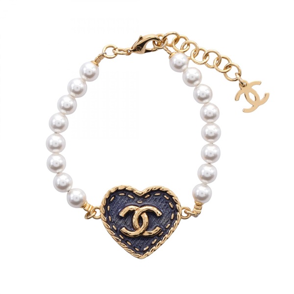 CHANEL COCO Mark Bracelet Gold Plated artifiicial pearl Navy White Used Women CC