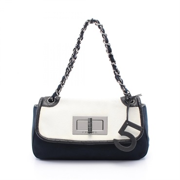 CHANEL 2.55 Chain Shoulder Bag canvas leather White Navy Black Used Women SHW