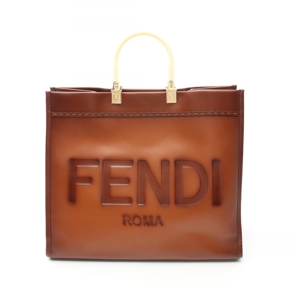 FENDI Sunshine Large Tote Hand Bag 8BH372 leather Brown Used Women logo