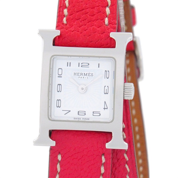 HERMES H Watch Mini Double Tour Wrist Watch HH1.110 Quartz SS Leather Used Women