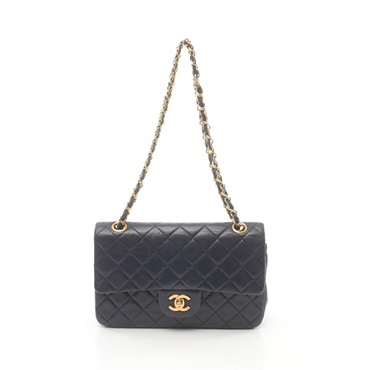 CHANEL Matelasse W flap Shoulder Bag A01113 Lamb leather Navy Used Women GHW CC