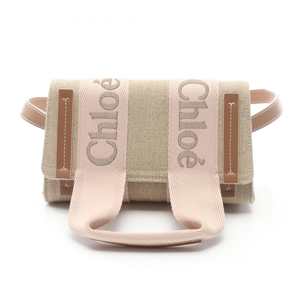 Chloe WOODY CANVAS SHOULDER Belt Bag CHC24AS681L1726Y Fabric leather Beige NEW