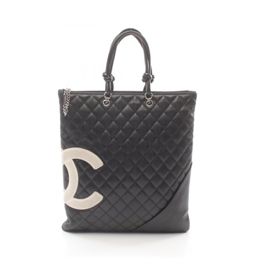 CHANEL Cambon Line Flat Tote Bag A28126 leather Black White Used Women CC Coco