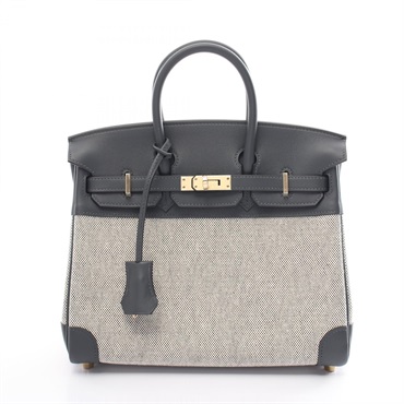 HERMES Birkin 25 Hand bag Toile H Swift leather GHW Ecru Gris misty Gray Used