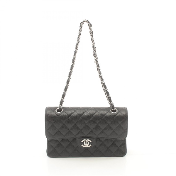 CHANEL Matelasse W flap Chain Shoulder Bag 1113 leather Black SHW Used Coco CC