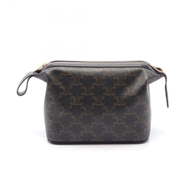 CELINE Triomphe Pouch mini bag PVC coated canvas leather Black Brown Used Women