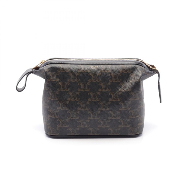 CELINE Triomphe Pouch mini bag PVC coated canvas leather Black Brown Used Women