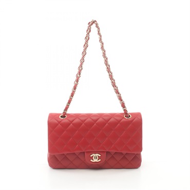 CHANEL Matelasse W flap Chain Shoulder Bag 1112 Lamb sheep leather Red Used GHW