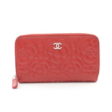CHANEL Camelia Round wallet Lamb skin sheep leather Red Used Women GHW CC Coco