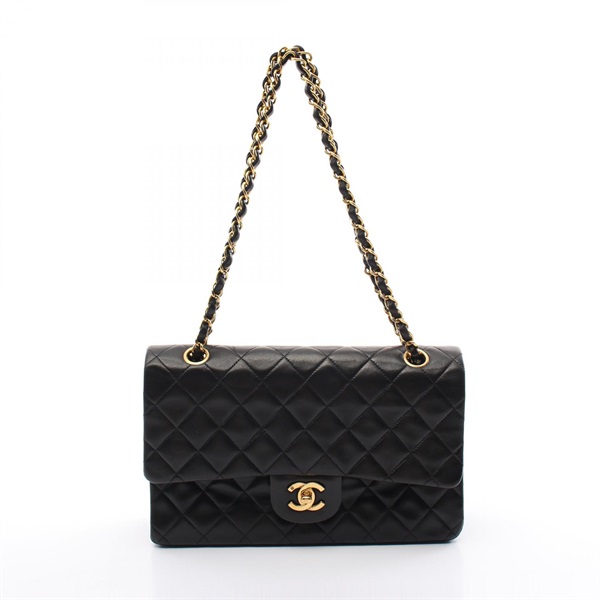 CHANEL Matelasse W flap chain Shoulder Bag A01112 Lambskin Black Used GHW