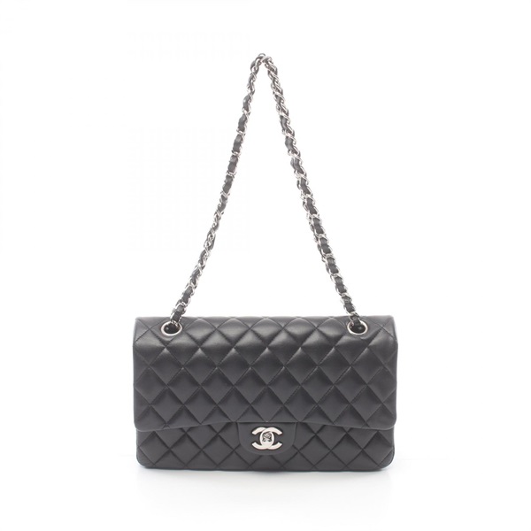 CHANEL Matelasse W flap Shoulder Bag A01112 Lambskin Black Used SHW