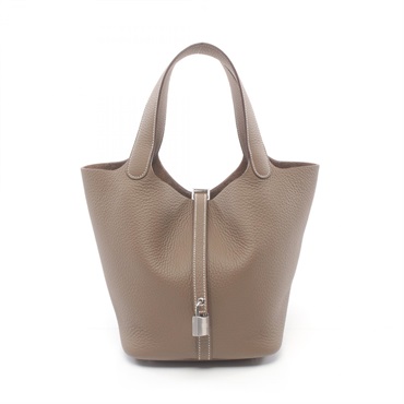 HERMES Picotin Lock MM Hand bag W Taurillon Clemence Etoupe Grey SHW