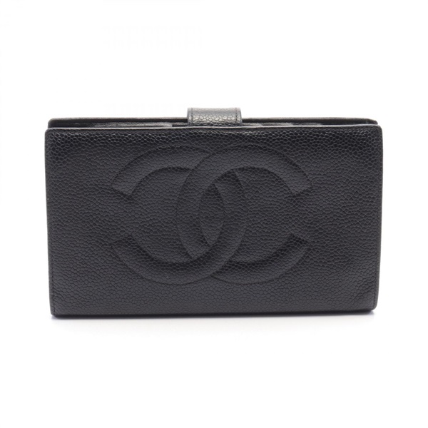 CHANEL COCO Mark Bifold clasp purse wallet A01429 Caviar Skin Black Used GHW