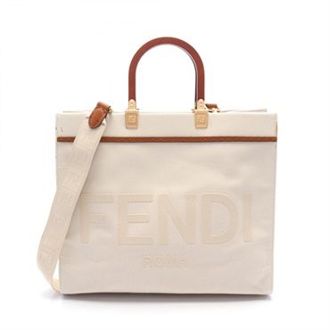 FENDI SUNSHINE MEDIUM Tote shoulder Bag 8BH386 canvas natural brown Used
