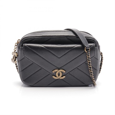 CHANEL Chevron V Stitch chain Shoulder crossbody Bag leather Black Used