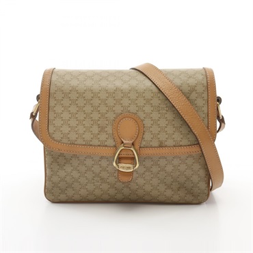 CELINE Macadam Shoulder Bag PVC coated canvas leather Beige Used Women crossbody