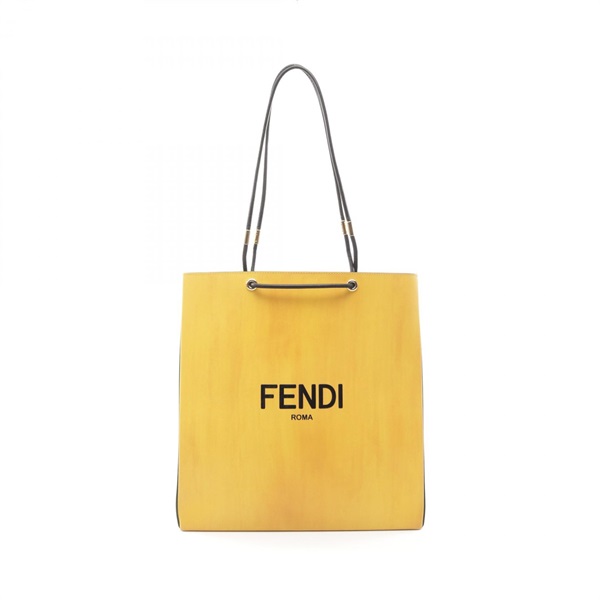 FENDI Shopping Medium Tote Bag 7VA513 leather Yellow Black Used unisex logo