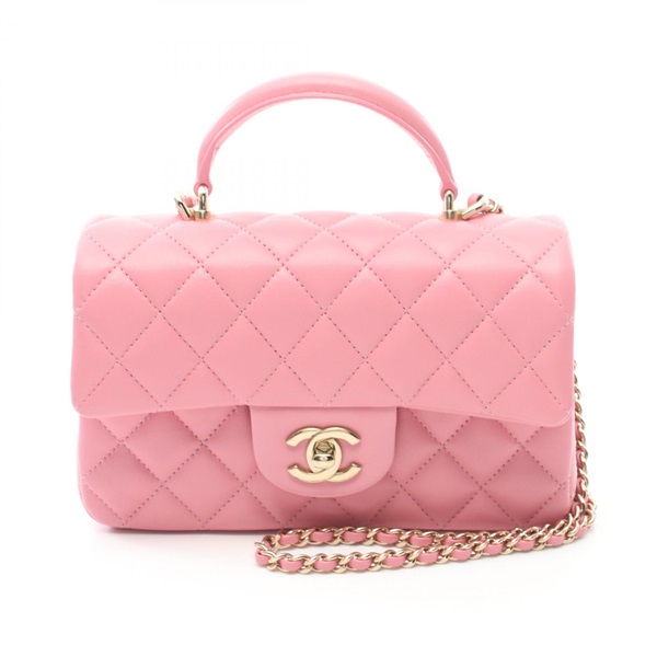 CHANEL Matelasse Top Handle Mini Flap Shoulder Bag AS2431 Lamb leather Pink Used