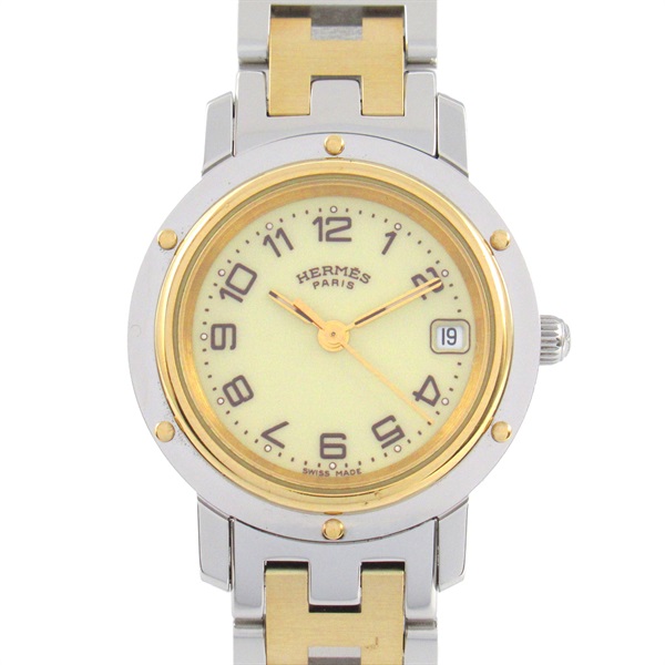 HERMES Clipper Wrist Watch CL4.220 Quartz Gold Plated Stainless Steel Used Women