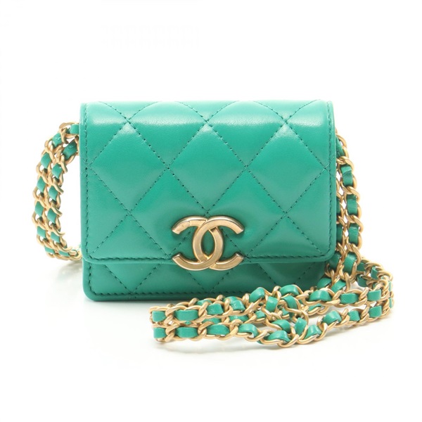 CHANEL CC Matelasse Card Holder Lamb leather Green Used Women Coco