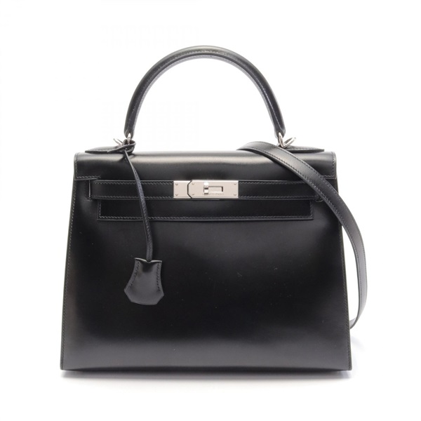 HERMES Kelly 28 Shoulder Hand bag 012545CK Box calf leather SHW Black Used Women