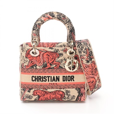 Christian Dior LADY D-LITE Medium Hand bag M0565OEGO68E canvas Beige Red NEW