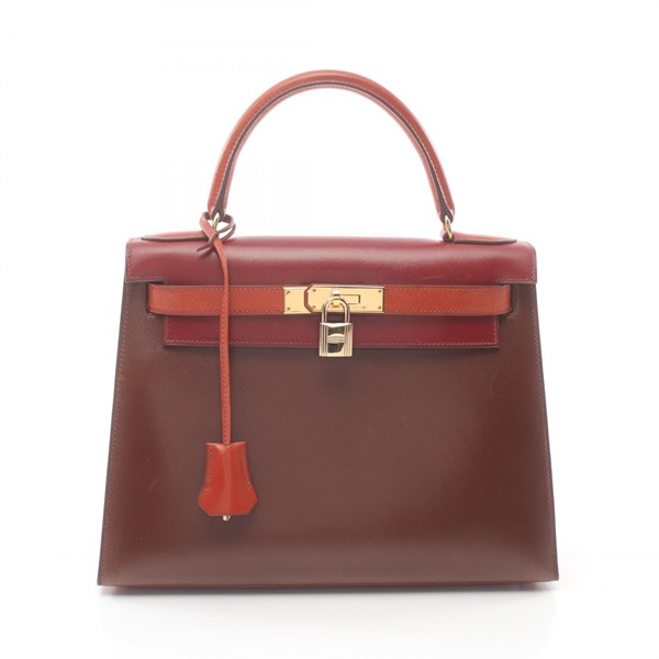 HERMES Kelly 28 tricolor Hand bag Z Box calf leather Marron fonce rouge H GHW