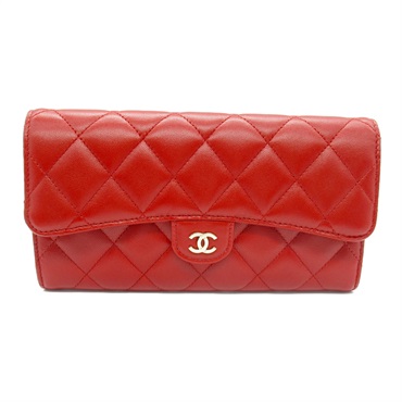 CHANEL Matelasse ZIP long wallet Lambskin sheep leather Red Used Women GHW CC