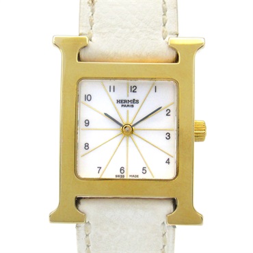 HERMES H watch Wrist Watch HH1.201 Quartz Gold Plated Leather belt Used Women