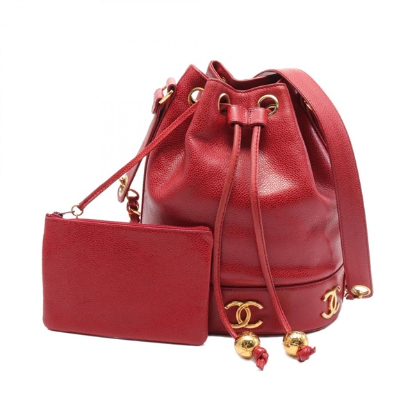 CHANEL Triple COCO Mark chain Shoulder drawstring Bag Grained Calf Red Used GHW