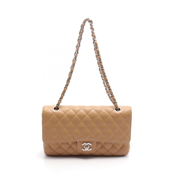 CHANEL Matelasse W flap chain Shoulder Bag A01112 calfskin Beige Used SHW