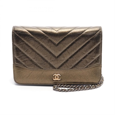 CHANEL Chevron V-stitch full flap chain purse Shoulder Bag leather Bronze Used