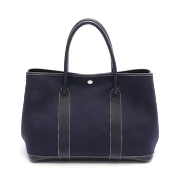 HERMES Garden Party PM Tote Bag Toile officier leather Blue indigo Navy Used