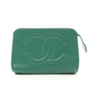 CHANEL Jumbo COCO Mark Pouch purse leather Green Used CC